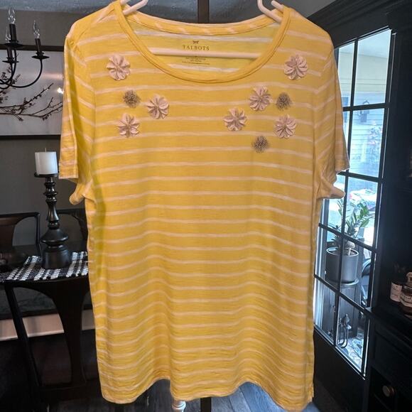 Talbots Yellow and White Striped Tee with Beaded Floral Accents Size 1 X - Picture 1 of 4